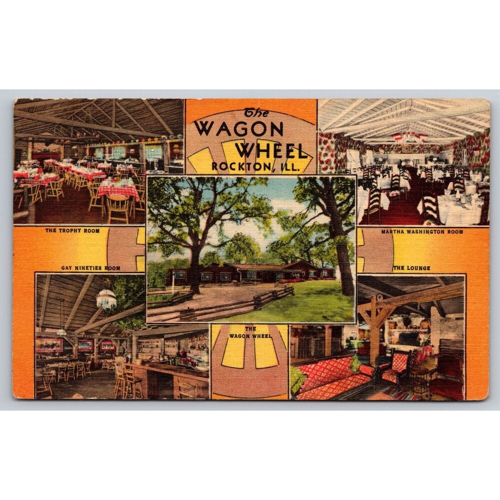Vintage 1946 Linen Postcard The Wagon Wheel Rockton IL Multiview Interior Women